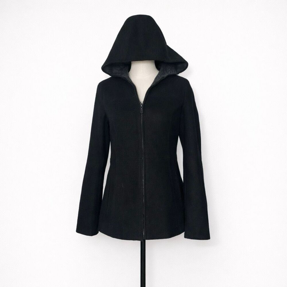 Black Wool Hooded Coat S | Minimalist Zip Winter Jacket
